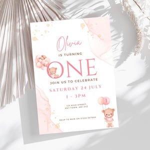 Editable First Birthday Invitation Template, 1st Birthday Party Invite, Girls Printable Teddy Bear Invite, Instant Canva Digital Download