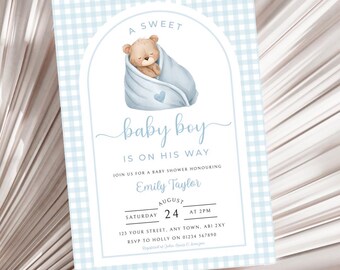 Baby Boy Baby Shower Invitation, Editable Teddy Bear Baby Sprinkle Invite, Blue Boys Baby Shower, Canva Instant Download