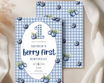 Blueberry First Birthday Invitation, Blue Berry 1st Birthday Party Invite, Blue Gingham Berry Frist Birrhday, Canva Digital Download