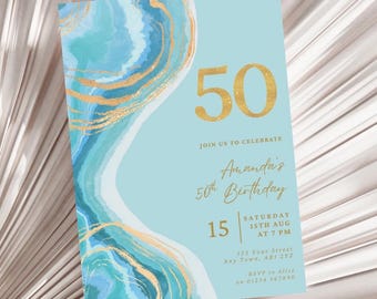 50th Birthday Invitation, Blue & Gold Fiftieth Dinner Party Invitation, Editable Ladies 50th Birthday Party Invitation, Instant Download