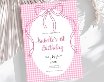 Girls Pink Gingham Bow Birthday Invitation Template, Editable Girls Pink Party Invite, Any Age, Instant Download, Digital Template