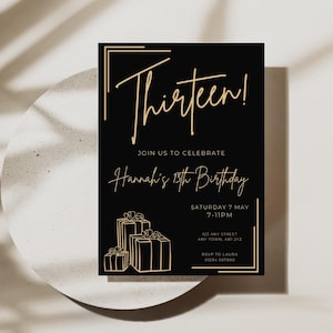 Editable Black & Gold 13th Birthday Invitation (Digital Download)