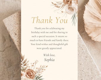 Milestone Birthday Thank You Card Template, Floral Cream & Gold Editable Thank You Note, Elegant 70th Party Canva Download