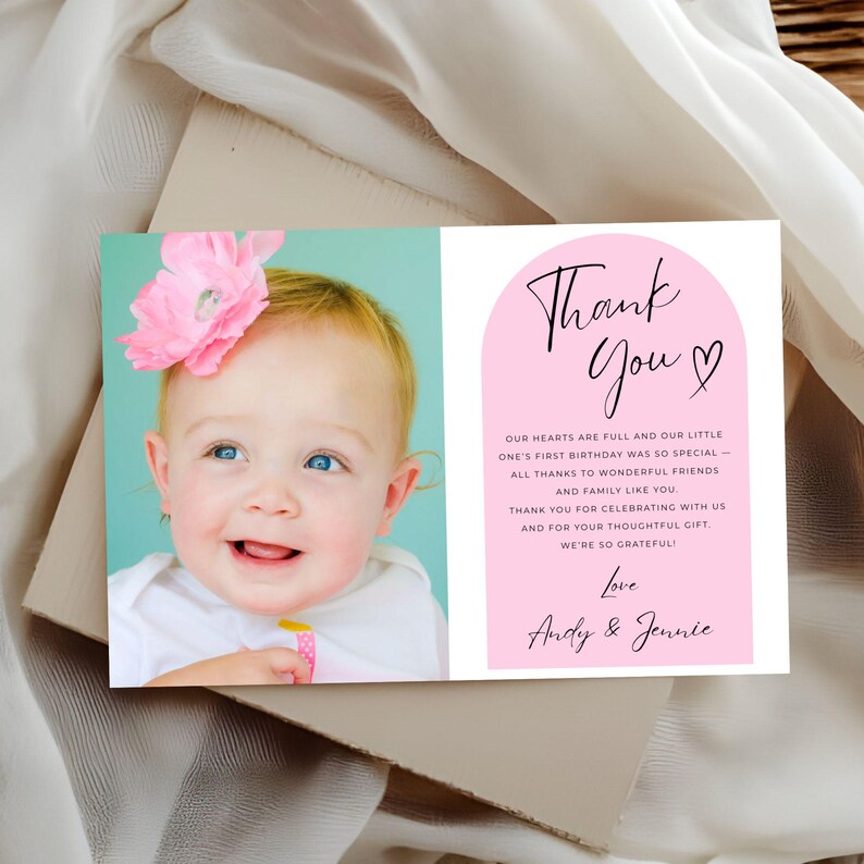 Editable First Birthday Thank You Card Template, Minimalist Pink Thank ...