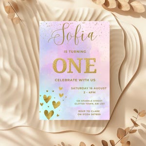 First Birthday Invitation Template, Editable 1st Birthday Party Invite, Printable Girls Birthday Invite, Digital Download, Rainbow Glitter