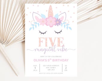 Unicorn 5th Birthday Invitation Template, Five Is A Vibe Birthday Invite, Girls Magical Unicorn Glitter Party Invite, Digital Download