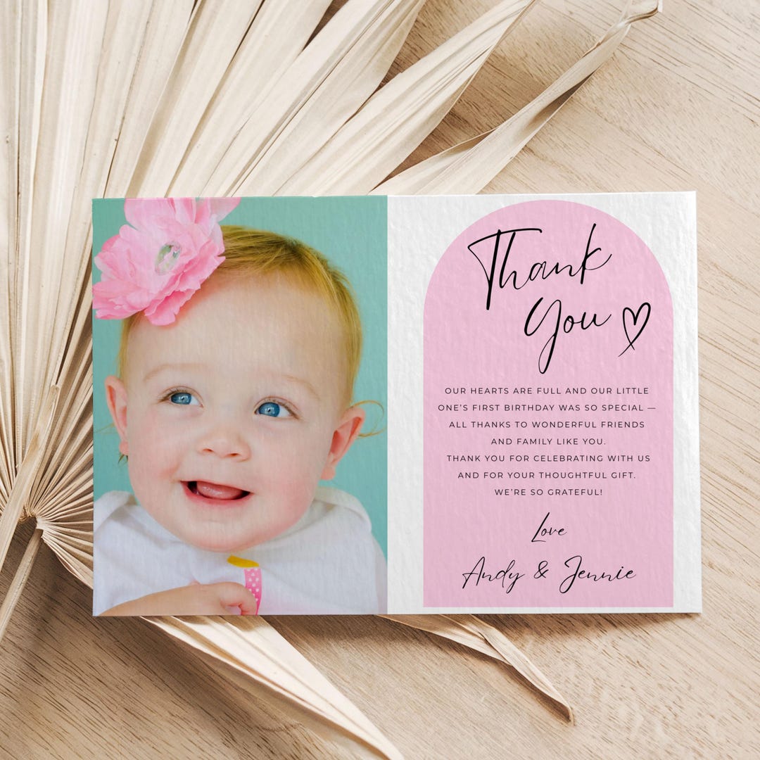 Editable First Birthday Thank You Card Template, Minimalist Pink Thank ...