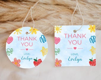 Editable Party Favour Tags, Printable Birthday Party Thank You Tags, Kids Birthday Favor Tags, Colourful Crayon Theme, Canva Template S142