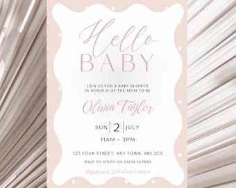 Pink ‘Hello Baby’ Baby Shower Invitation, Editable Girls Baby Shower Invite, Pink Baby Sprinkle Invite, Canva Instant Download