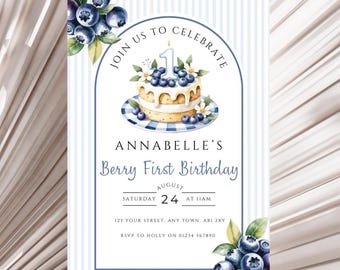 Editable Blueberry First Birthday Invitation,  Girls 1st Birthday Invite, Berry Sweet Birthday Party, Digital Template, Instant Download