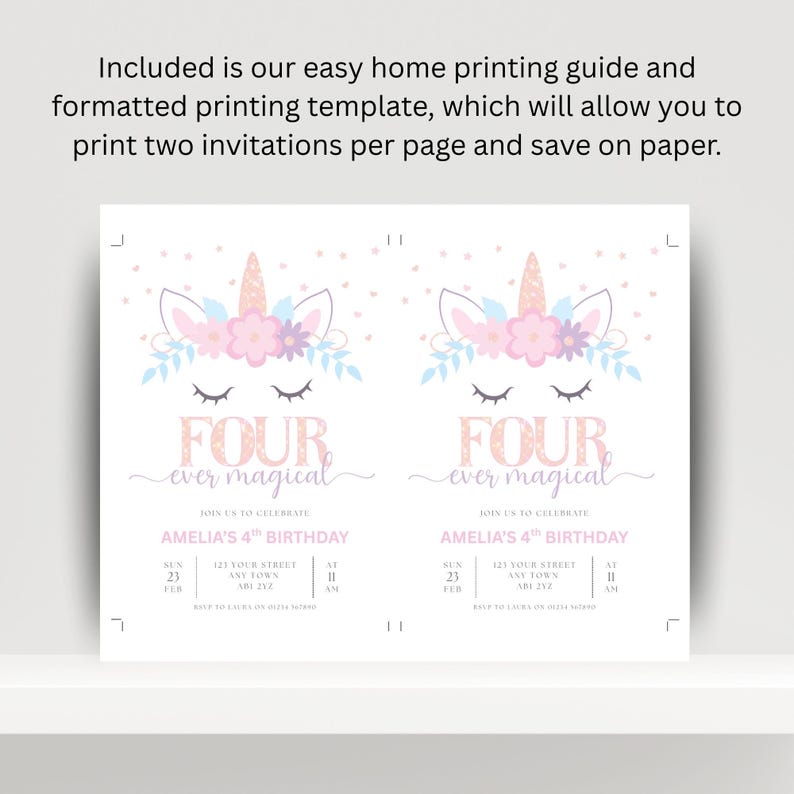 Unicorn 4th Birthday Invitation Template, Four Ever Magical Birthday ...