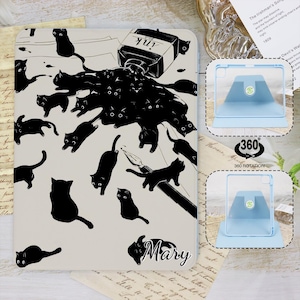 Cute Ink Cat 360 swivel iPad Case with Pencil Holder for iPad 11/10/9/8 Air 7/6/5 13" 11" 10.9" 10.5" Pro 12.9 Inch 2025M4 New iPad Mini 6/7