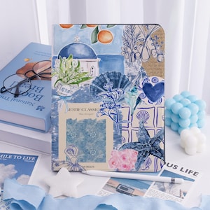 Blue Scrapbook iPad Case for New iPad Pro 13 12 11 iPad Air 7/6 13" iPad Air 5 4 iPad 10/9 2022,Collage Stand iPad Mini 7/6/5 Cover Pen Slot