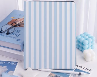 Blue Vertical Stripes iPad Case for iPad Pro 13 12 11, iPad Air 7/6 13&quot; iPad Air 5/4 iPad 10/9 th, Book Stand iPad Mini 7 Case with Pen Slot