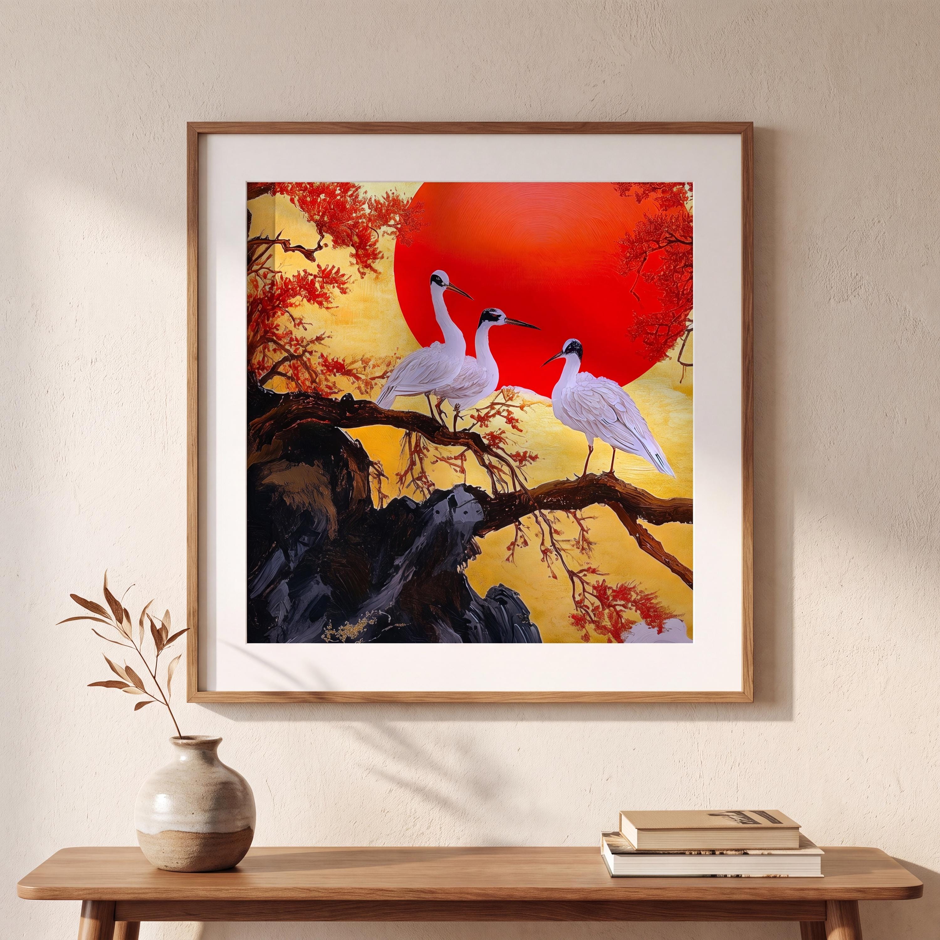 Japanese Crane Red Sun Art Print | Ukiyo-e Nature Poster, Asian
