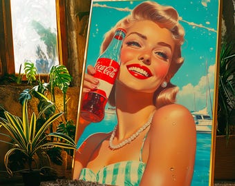 Retro 1950s Coca-Cola Inspired Poster - Vibrant Vintage Advertising Print with Nostalgic Americana Design for Home or Office Decor