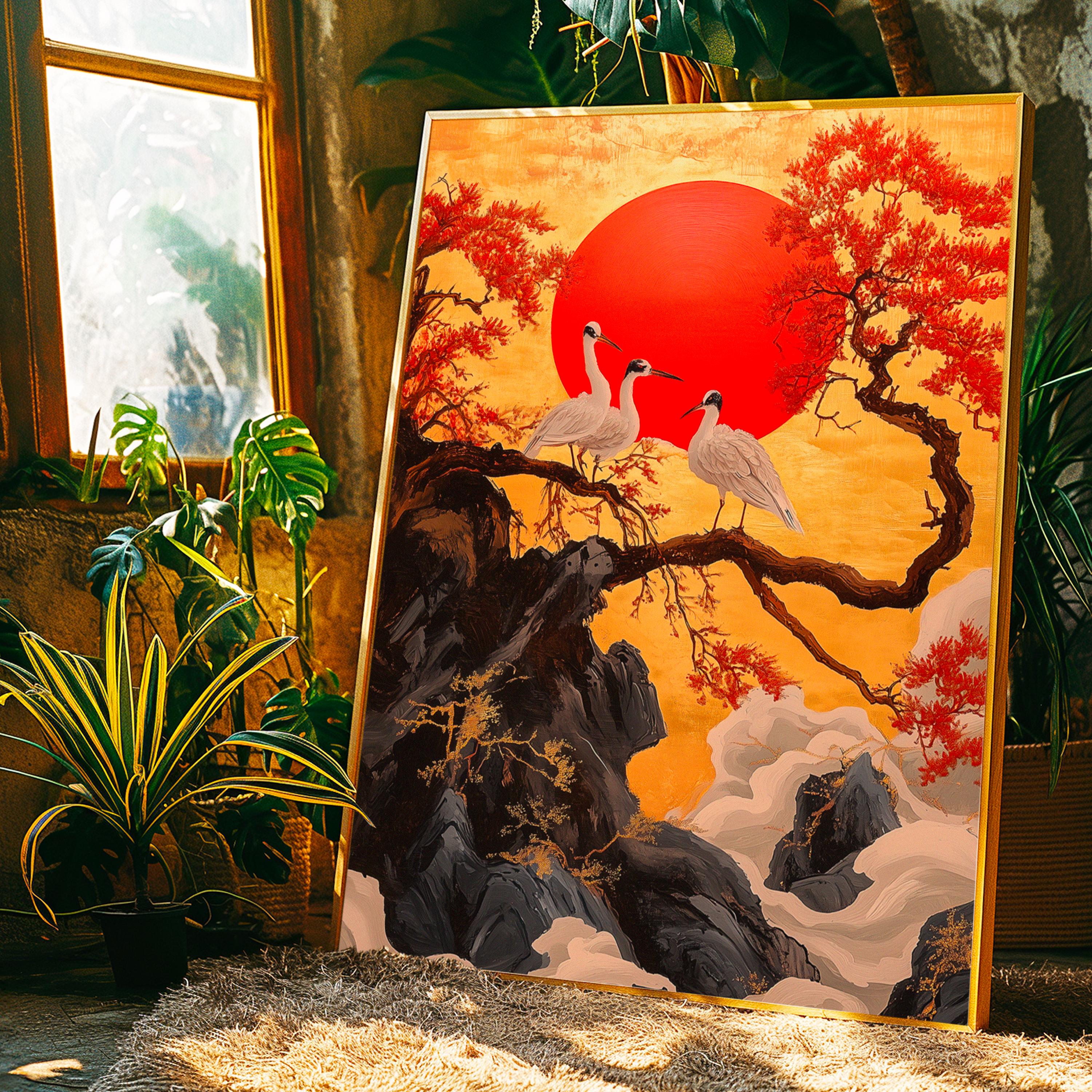 Japanese Crane Poster Red Sun Bird Art Print Ukiyo-e Wall Decor
