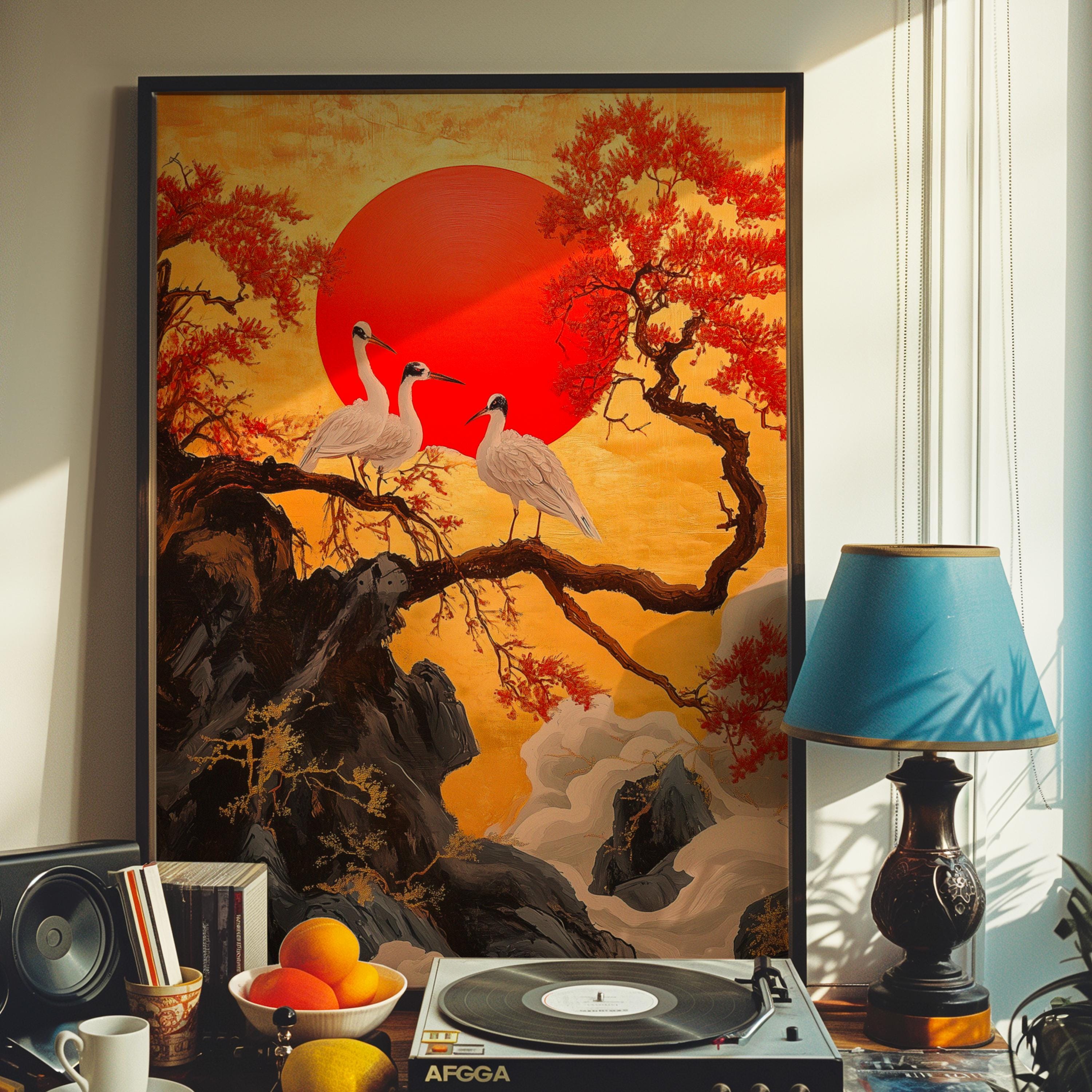 Japanese Crane Red Sun Art Print | Ukiyo-e Nature Poster, Asian