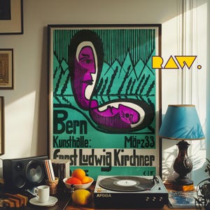 Peut inclure: Une affiche vintage annonçant une exposition d'art à Berne, en Suisse. L'affiche présente un design abstrait coloré avec deux visages et le texte "Bern Kunsthalle: Ernst Ludwig Kirchner März 33".