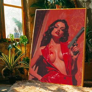 Póster de terror de Femme Fatale de los años 70: sorprendente arte cinematográfico retro con estética rojo sangre para Halloween o entusiastas del cine de culto
