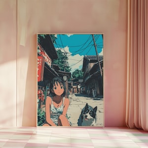 Japanisches Anime-Street-Art-Poster mit ruhiger Szene mit Hund und lebendiger Dorfatmosphäre