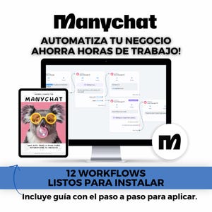 May include: A digital display showing a Manychat workflow interface, accompanied by a tablet screen featuring a koala wearing yellow glasses and blowing a pink bubblegum bubble, with text including Manychat, 12 Workflows, and step-by-step guide.