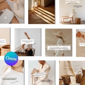 Op de afbeelding: Een verzameling social media graphics met tekstoverlays. De afbeeldingen tonen een laptop, een vrouw in een wit pak en diverse citaten over branding en verkoop. Het Canva-logo is zichtbaar.