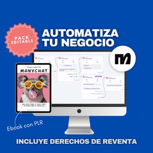 Puede incluir: Un monitor de computadora muestra un diagrama de flujo de trabajo, con una tableta que muestra un koala con gafas amarillas soplando una burbuja de chicle. El texto dice "AUTOMATIZA TU NEGOCIO" y "MANYCHAT". Una estrella rosa dice "PACK EDITABLE".