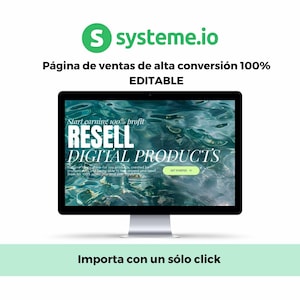 May include: A computer monitor displays a website with the text "RESELL DIGITAL PRODUCTS" over a water background. The website promises 100% profit and features a "GET STARTED" button. The top of the screen shows the logo for systeme.io.
