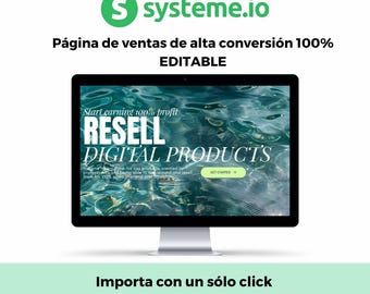 May include: A computer monitor displays a website with the text "RESELL DIGITAL PRODUCTS" over a water background. The website promises 100% profit and features a "GET STARTED" button. The top of the screen shows the logo for systeme.io.