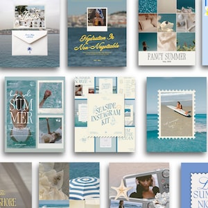 May include: A digital collection of social media templates featuring summer-themed imagery, including beach scenes, ocean views, and vacation photography. The designs incorporate text overlays, stamp-style borders, and collage layouts in shades of blue, white, and beige.