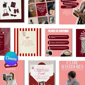 Puede incluir: Un collage de gráficos de marketing en redes sociales en tonos rosas y rojos. Los gráficos incluyen texto, ilustraciones y fotos, con frases como "Christmas Event" y "Entre Bastidores".