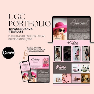 Puede incluir: Una plantilla de portafolio UGC rosa y blanca con el texto "UGC PORTFOLIO" y "10 PAGES|CANVA TEMPLATE". La plantilla incluye maquetas de ordenador portátil, tableta y teléfono que muestran el diseño del portafolio. El logotipo de Canva también es visible.