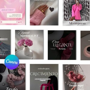 Puede incluir: Una colección de imágenes con superposiciones de texto. Una imagen presenta una blazer rosa con el texto "NEW COLLECTION". Otra muestra una mano con anillos. Otras imágenes incluyen texto como "Elegante Minimalist" y "Crecimiento".