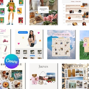 May include: A collection of images with diverse themes. Features a fashion image with a woman holding a green basket and pink purse, a calendar, food, and a Canva logo. Text includes "Girl", "Jueves", and "Tuesday - 25 Nov 2025".