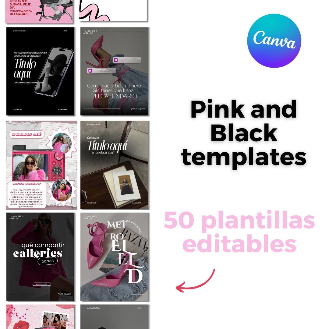 50 Pink Black Canva Templates | Instagram Templates Editable | Social ...