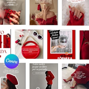 May include: A collage of images featuring red-themed fashion and accessories. Includes a red handbag, red nail polish, a disco ball, and text overlays with phrases like "Canva" and "el b-roll FORMULA."