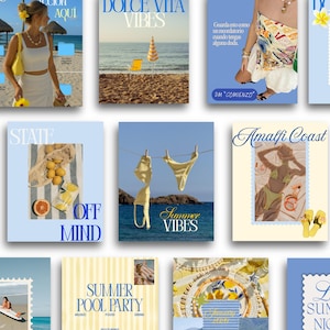 Puede incluir: Un collage de gráficos para redes sociales con temática veraniega que muestra escenas de playa, trajes de baño amarillos, limones e imágenes costeras. Los diseños incluyen textos como Dolce Vita Vibes, Summer Vibes, Amalfi Coast y Summer Pool Party.