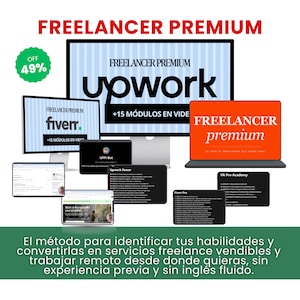 May include: A digital display featuring Freelancer Premium branding with multiple screens showing Upwork, Fiverr, and VA Pro Academy modules. A green badge indicates 49% off. Text includes course titles and a description of remote work methods.