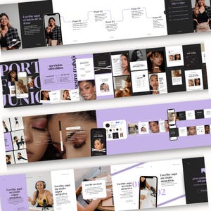 Può includere: Una raccolta di modelli di marketing digitale con layout multipli per post sui social media, inclusi segnaposto per testo, mockup di telefoni cellulari e ritratti fotografici di persone in vari contesti con uno schema di colori viola e nero.