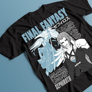 May include: Black t-shirt with a white and blue graphic of a character from the Final Fantasy video game series. The text "FINAL FANTASY" and "SEPHIROTH" are printed on the shirt.