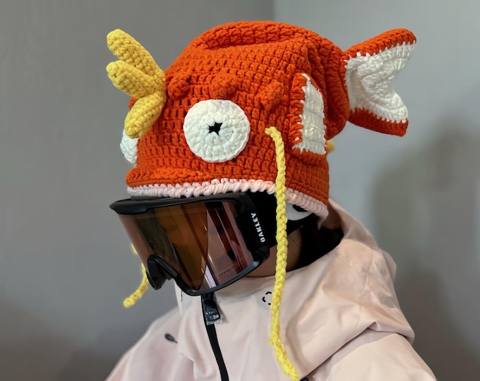 Ski & Snowboard, bicycle CROCHET knitted magic fish helmet cover, Uni Size hood hat for adults and kids, orange, also in regular hat version