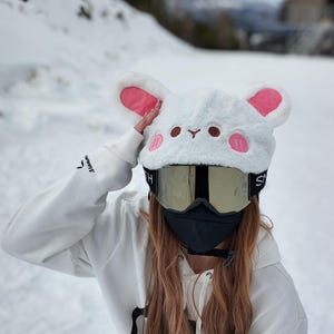 Ski & Snowboard bike helmet cover plush Bunny Rabbit, Uni Size hood hat for adults and kids, couvre casque ski, white