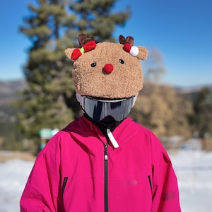 Ski & Snowboard bike helmet cover plush Christmas Reindeer, Uni Size hood hat for adults and kids, couvre casque ski, brown