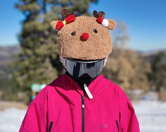 Ski & Snowboard bike helmet cover plush Christmas Reindeer, Uni Size hood hat for adults and kids, couvre casque ski, brown