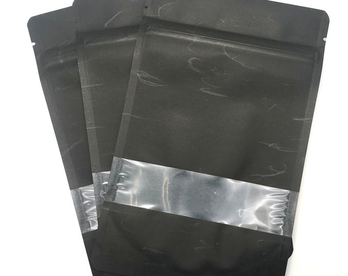 25-4x6" Black RICE PAPER Eco Friendly Stand Up Pouches, Tear Notch, Zipper Seal, Impulse Sealable, Two Wild Hares