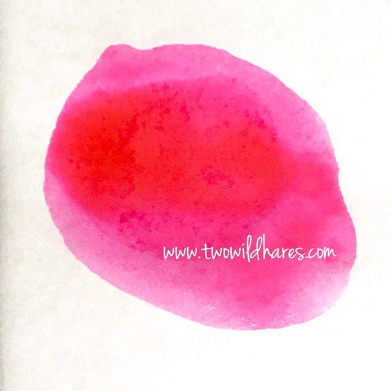 May include: A bright pink watercolor wash with a lighter pink outer edge. The wash is uneven and has a slightly textured appearance. The text "www.twowildhares.com" is written in white at the bottom of the wash.