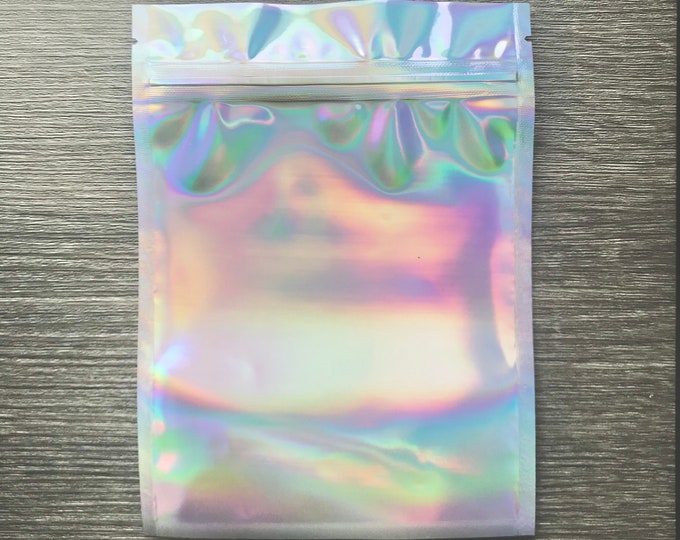 50- SMALL Holograhic Pearl Flat Bag, 5x6.75", A Rainbow of Color, Impulse + Zipper Seal, Tear Notch Packaging, Clear Front, Two Wild Hares