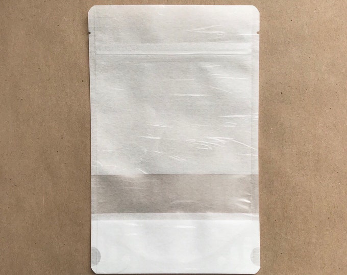 100-5x8" White RICE PAPER Eco Friendly Stand Up Pouches, Tear Notch, Zipper Seal, Impulse Sealable, Packaging, Two Wild Hares