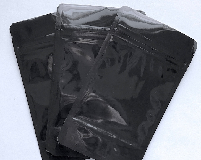 25-4x6" BLACK/CLEAR Foil Stand Up Pouches, Heavy Duty 5.4mil, Tear Notch, Zipper Seal, Impulse Sealable, Two Wild Hares